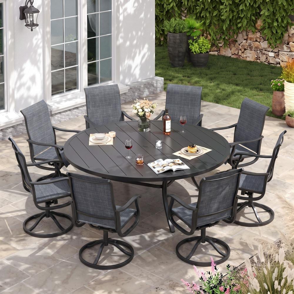 9-Piece Metal Outdoor Patio Dining Set with Round Table and High Back Padded Textilene Swivel Chairs in Drak Gray price history on PriceWatchPro