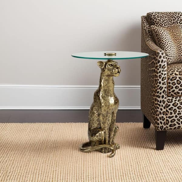 Benjara 18 in. Gold and Clear Round Glass End Table with Gold Cast Metal Leopard Design