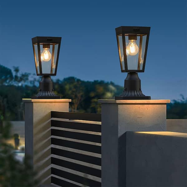 1-Light Black Aluminum Solar Outdoor Weather Resistant Post Light Top with LED Bulb and Pier Mount Included