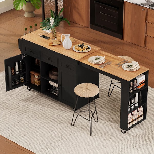 Black Wood 85.5 in. Rolling Kitchen Island with Extendable Dining Table ...