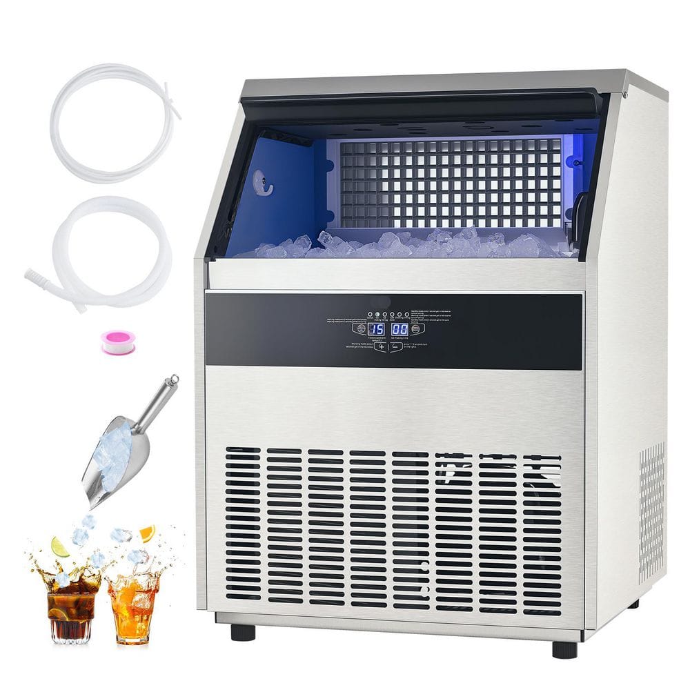 24 in. Commercial 360 lbs./24H Ice Maker 88 lbs. Storage 160 Cube Full Size Cubes Freestanding LED Self-Cleaning Silver