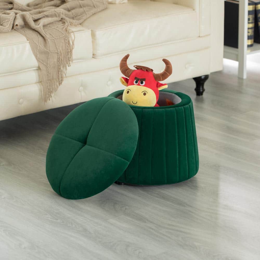 Modern Green Velvet Tufted Round Footstool with Storage