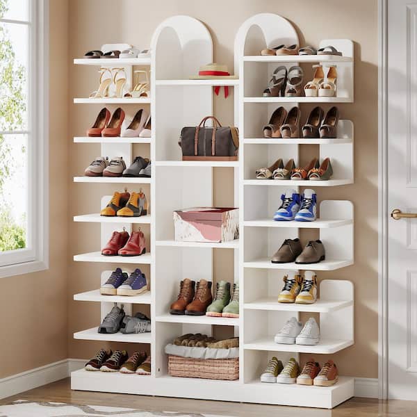 BYBLIGHT 61 in. H 40-Pair White Wood Shoe Rack, Freestanding Tall