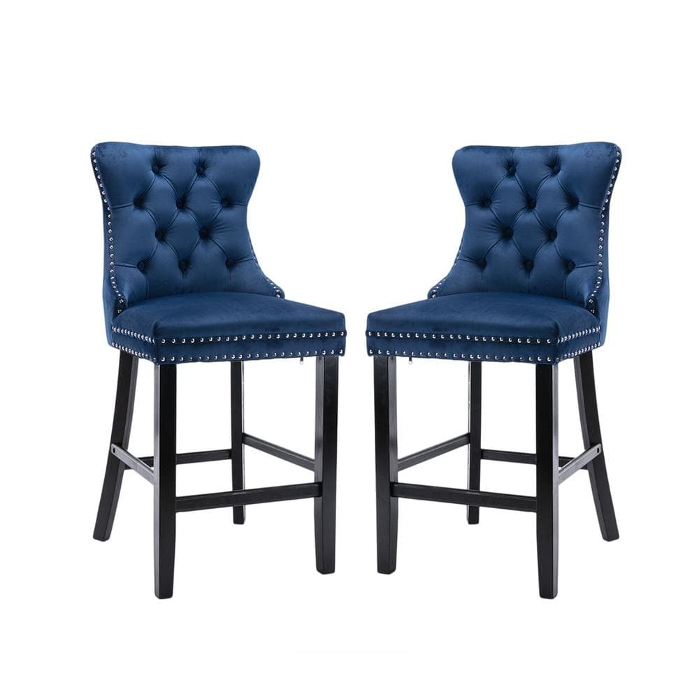 41.5 in. Blue High Back Wood with Button Tufted Decoration Bar Stool with V