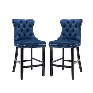41.5 in. Blue High Back Wood with Button Tufted Decoration Bar Stool with Velvet Seat (Set of 2)