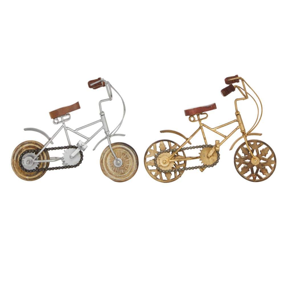 Vintage-Inspired Metallic Bicycle Statues with Wooden Accents, Set of 2