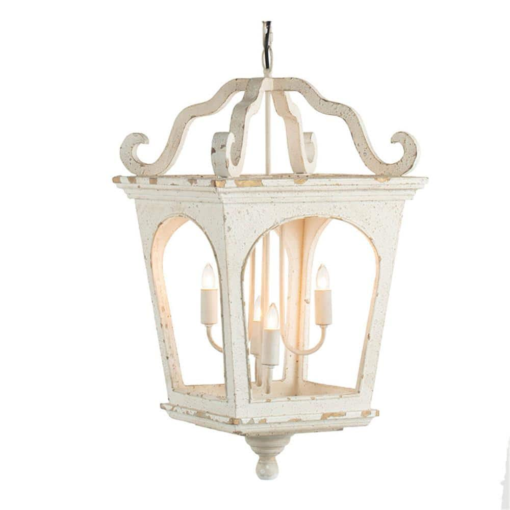 Magic Home 4-Light Vintage White Lantern Chandelier with Wooden Shade ...