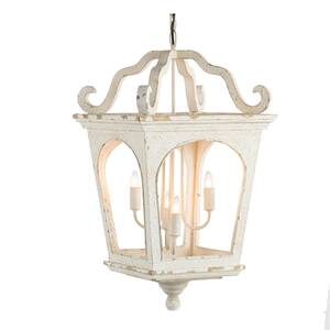 4-Light Vintage White Lantern Chandelier with Wooden Shade