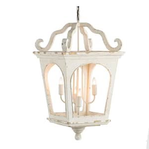 4-Light Vintage White Lantern Chandelier with Wooden Shade