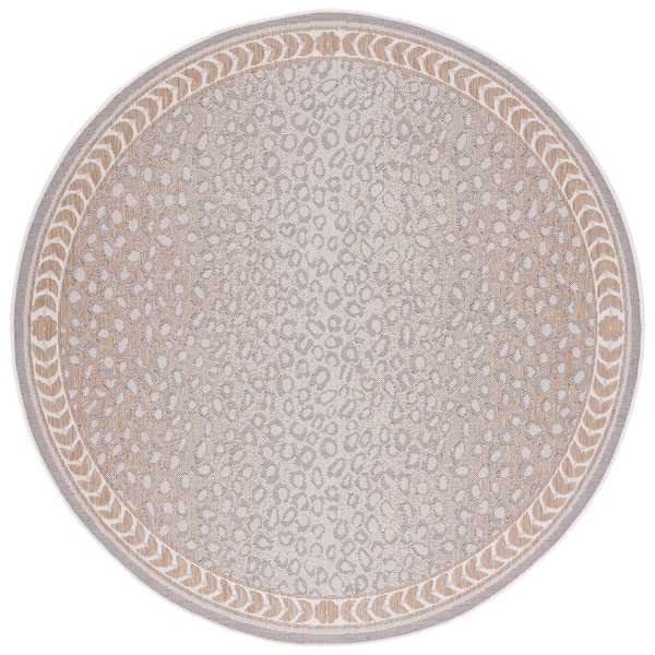 Courtyard Beige/Gold 4 ft. x 4 ft. Border Cheetah Indoor/Outdoor Round Area Rug