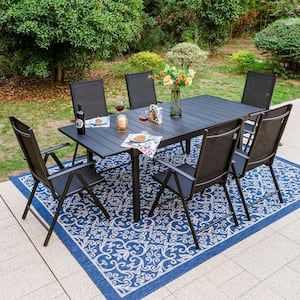 7-Piece Black Metal Patio Outdoor Dining Set with Extendable Table and Black Folding Reclining Sling Chairs
