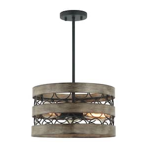 3-Light Black Farmhouse Drum Chandelier with Brushed Wood Metal Frame for Living and Dining Room