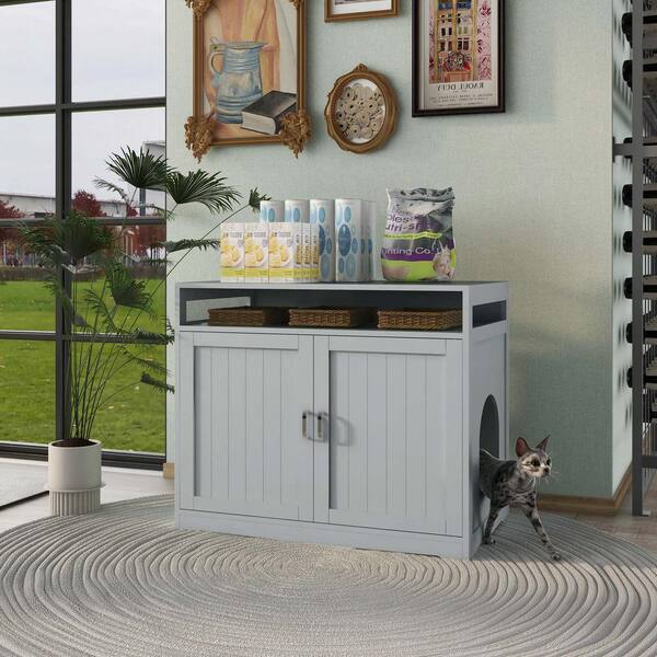 31.5 in. W x 20 in. D x 26 in. H Gray Linen Cabinet Cat Litter Box