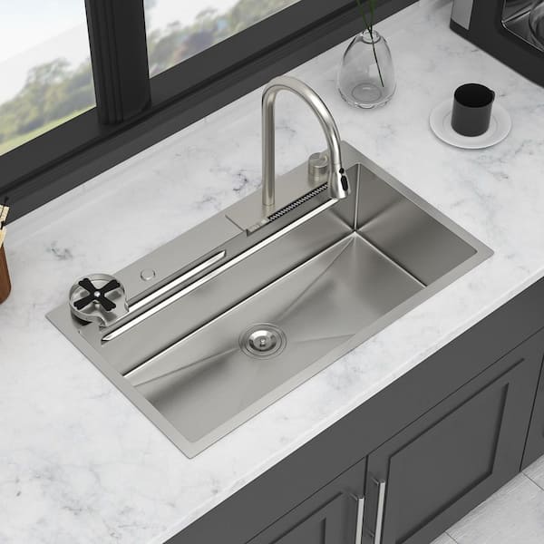 33 in. Drop-In Single Bowl 16 Gauge Brushed Nickel Stainless Steel Kitchen Sink with Workstation