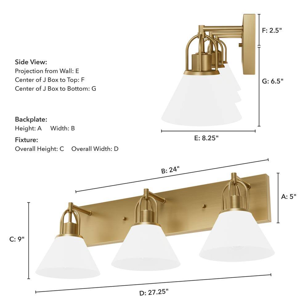 Luxe Gold 27.25" Dimmable 3-Light Vanity with White Glass Shades