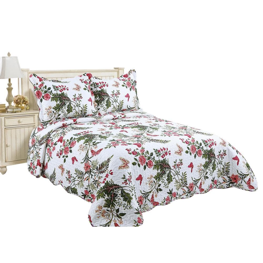 Floral Embroidered Cotton Blend Reversible Full Quilt Set