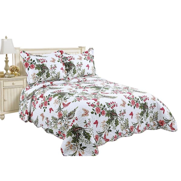 J&V TEXTILES 3-Piece Floral Cotton Blend Reversible Full/Queen Quilt Set