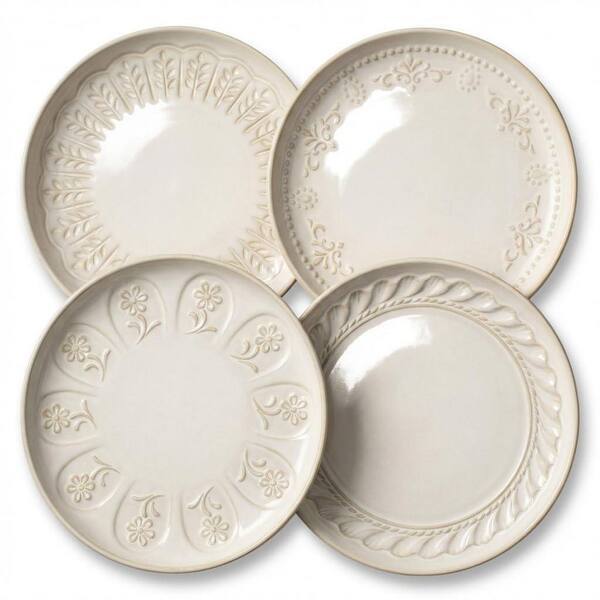 Set of 4 Small 8.5 in Embossed Ceramic Salad and Dessert Plates with Lipped Edges for Serving Appetizers