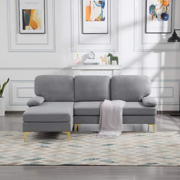 Uixe 79.5 in. W Modern 2-Piece Polyester Upholstered L-shaped Sectional Sofa in Light Gray With Chaise and Golden Metal Legs