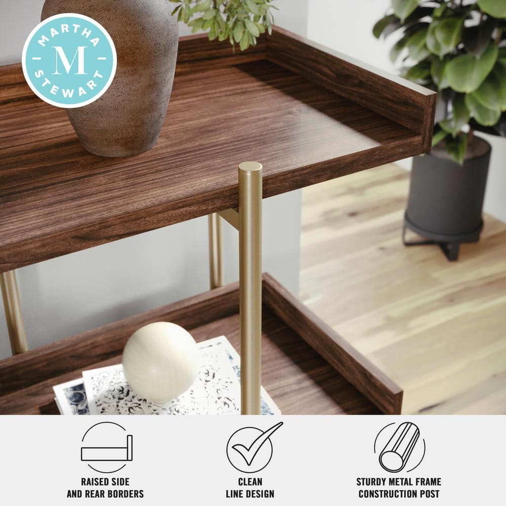 Walnut Wood Grain 3-Shelf Bookcase with Polished Brass Frame