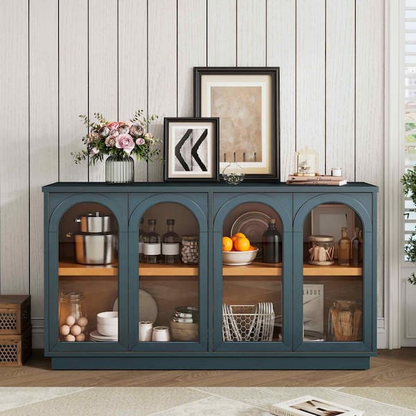 Navy Solid Wood Buffet Cabinet with Glass Doors and Adjustable Shelves
