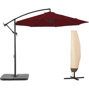 10ft. Aluminum Patio Offset Umbrella Outdoor Cantilever Umbrella with Cover, Crank & Cross Bases in Burgundy