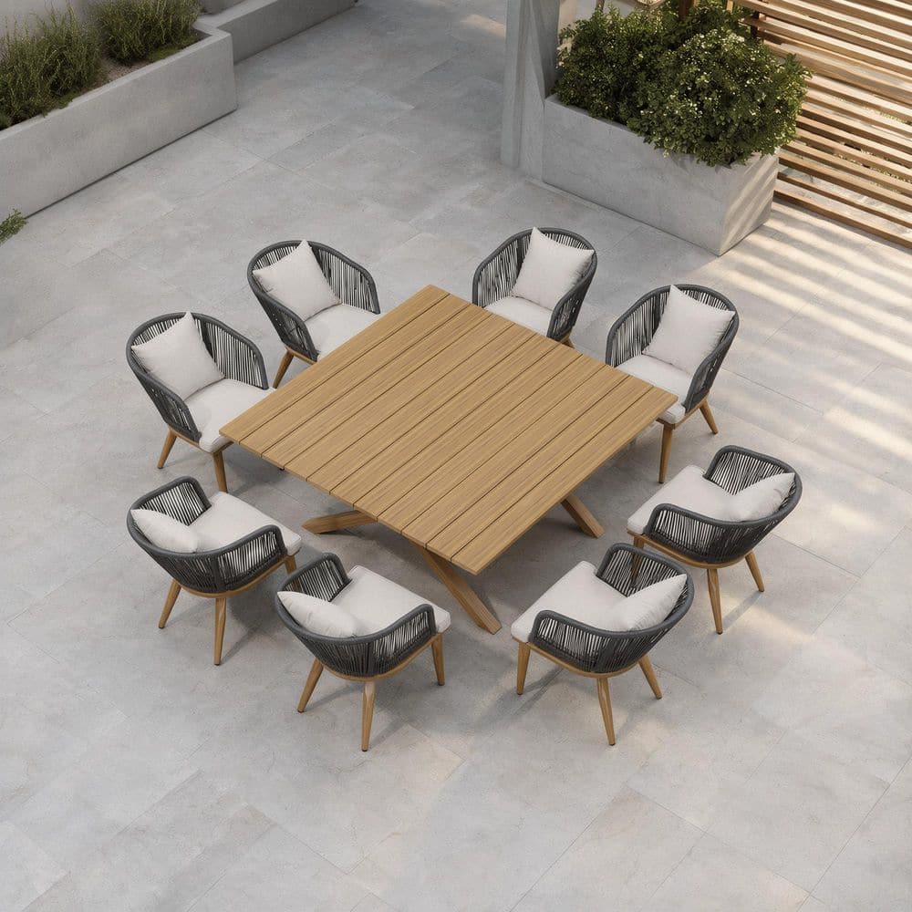 9-Piece Aluminum Frame Wicker Square Outdoor Dining Set with Beige Cushions and Pillows, Teak