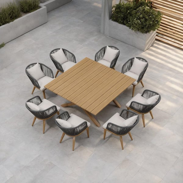 9-Piece Aluminum Frame Wicker Square Outdoor Dining Set with Beige Cushions and Pillows, Teak