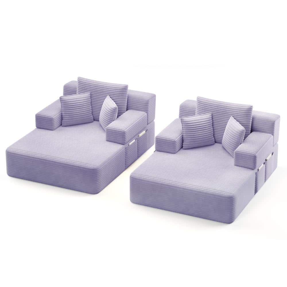 48.5 in. Purple Plush Corduroy Oversized Double Chaise Lounge 2-Piece Set Convertible Sofa Bed with 6 Pillows