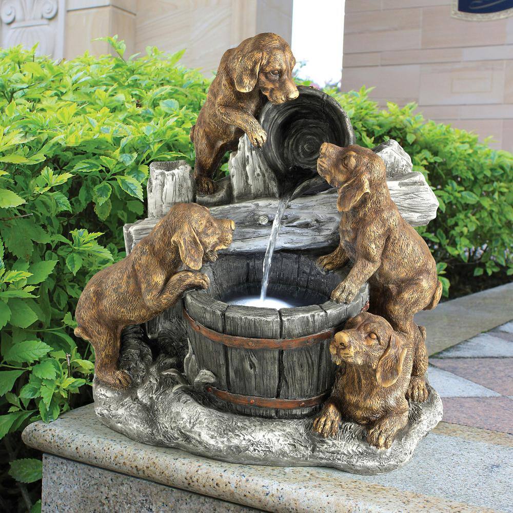 Solar Powered Resin Puppy Pail Pour Garden Fountain with LED Lights