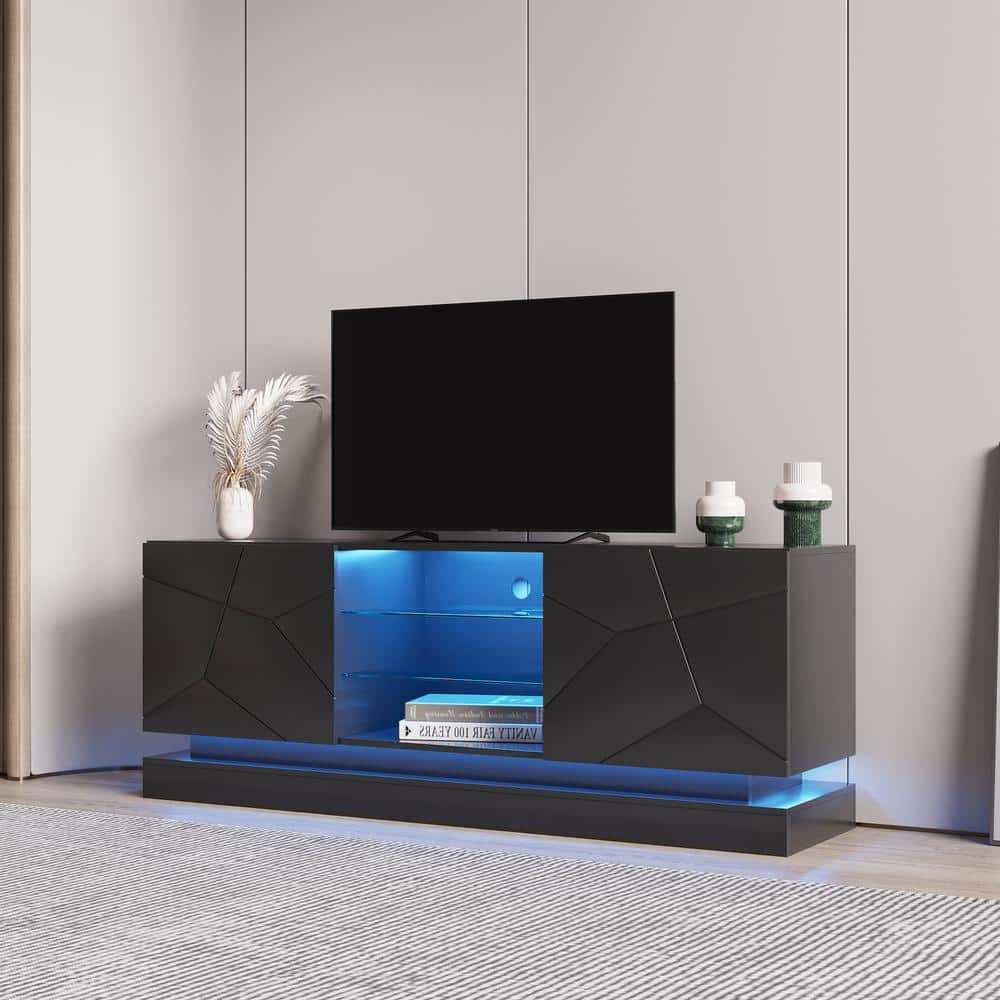 63 in. Black Modern Stylish Functional TV Stand with RGB Light Fits TV s Up to 70 in. with 2 Glass and Shelves