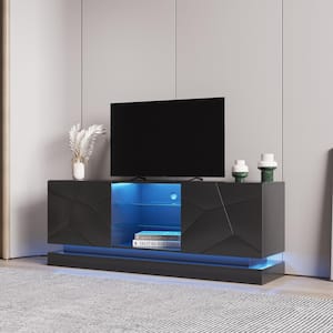 63 in. Black Modern Stylish Functional TV stand with RGB Light Fits TV's up to 70 in. with 2-Glass and Shelves