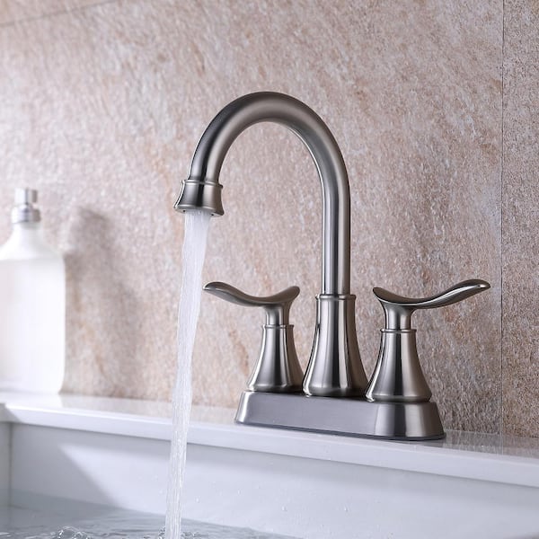 4 in. Centerset Double-Handle High Arc Bathroom Faucet with Pop-Up Drain and Supply Hoses in Brushed Nickel