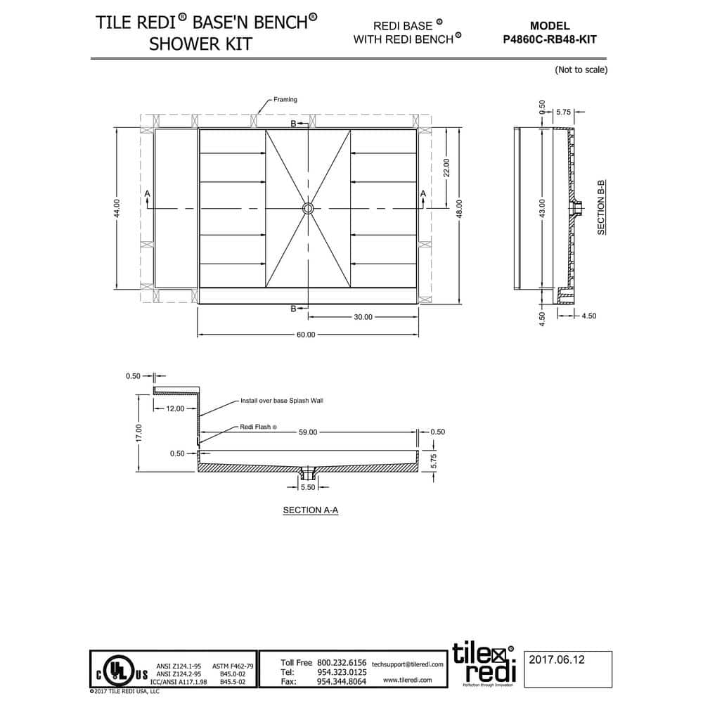 Polished Chrome 72" x 48" Rectangular Alcove Shower Pan with Bench