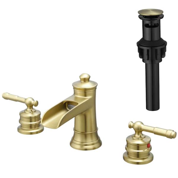 Lukvuzo Waterfall Spout 8 in. Widespread Double Handle High Arc Bathroom Faucet with Drain Kit Included and Hose in Brushed Gold