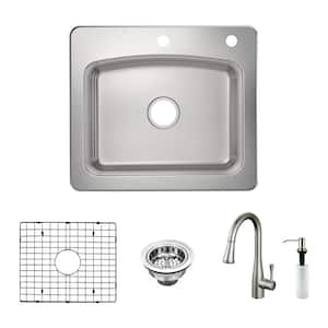 Belmar Dual Mount 18-Gauge Stainless Steel 25 in. 2-Hole Single Bowl Kitchen Sink with Grid, Drain, Faucet and Soap Pump