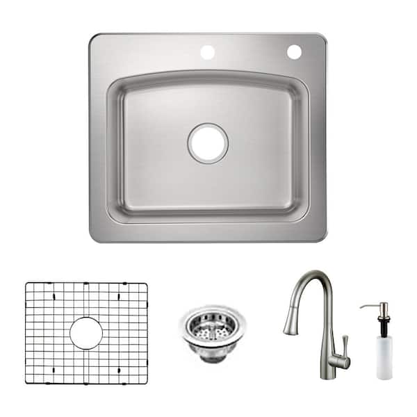 PELHAM & WHITE Belmar Dual Mount 18-Gauge Stainless Steel 25 in. 2-Hole Single Bowl Kitchen Sink with Grid, Drain, Faucet and Soap Pump