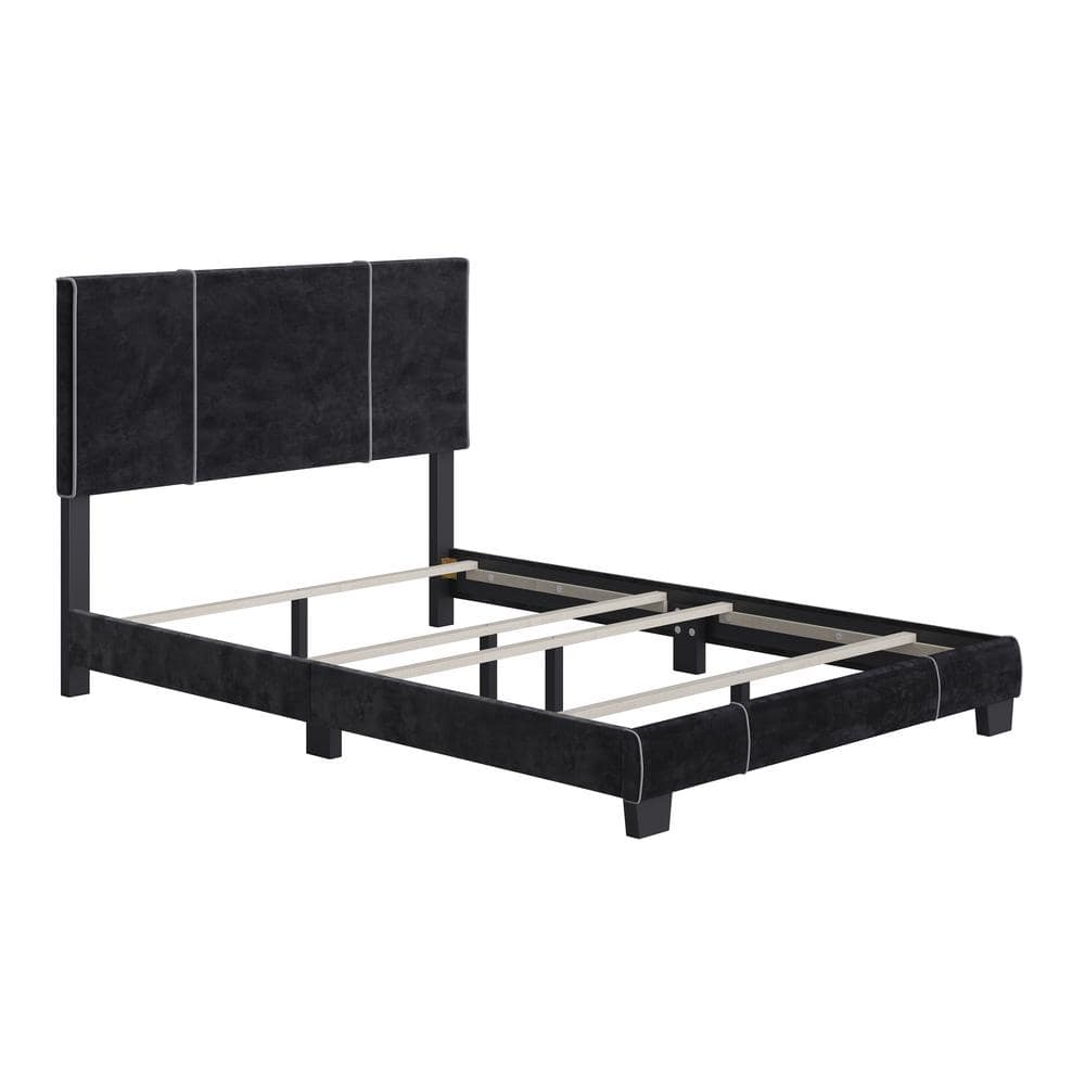 Lucena Black Velvet Upholstered Queen Platform Bed with Headboard
