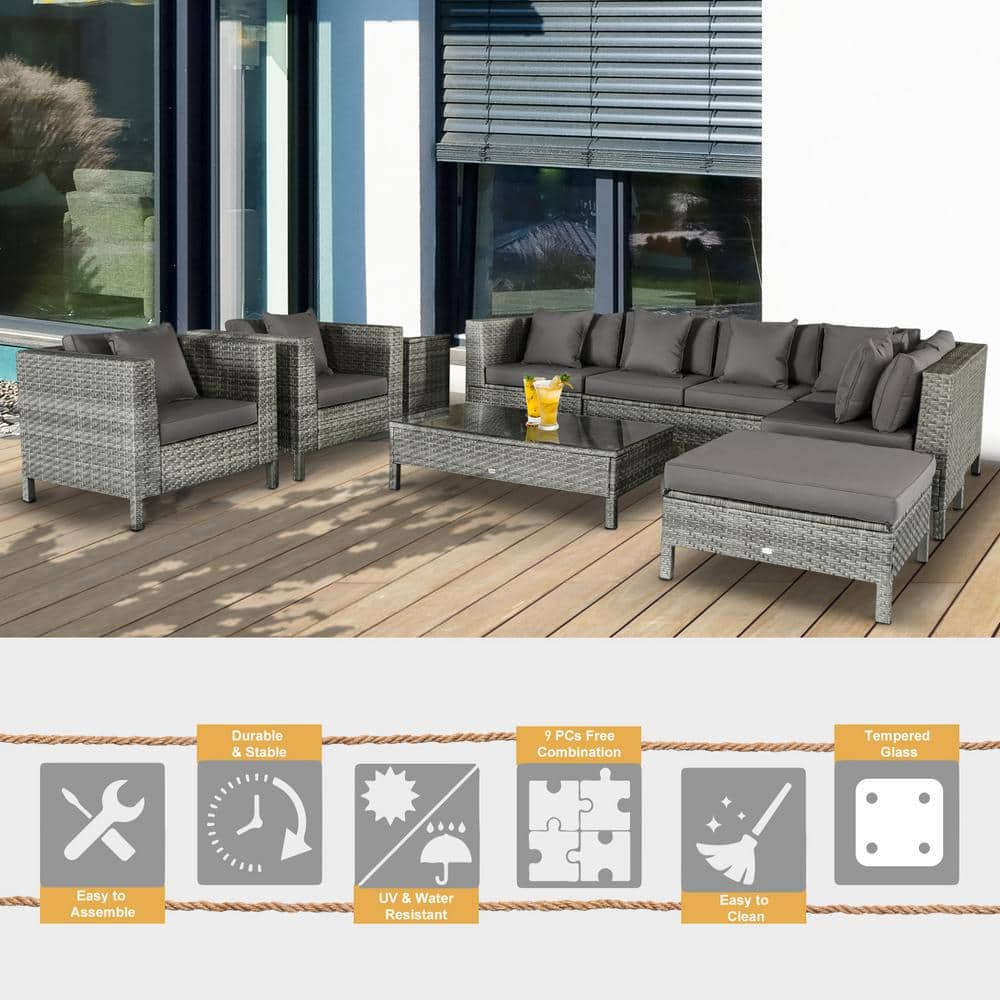 Gray 7-Person PE Rattan Outdoor Sectional Sofa Set with Cushions