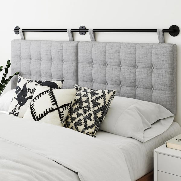 Nathan James Remi King 71 in. W Button Tufted Gray/Black King Wall Mount Upholstered Panels Adjustable Straps Metal Rail Headboard