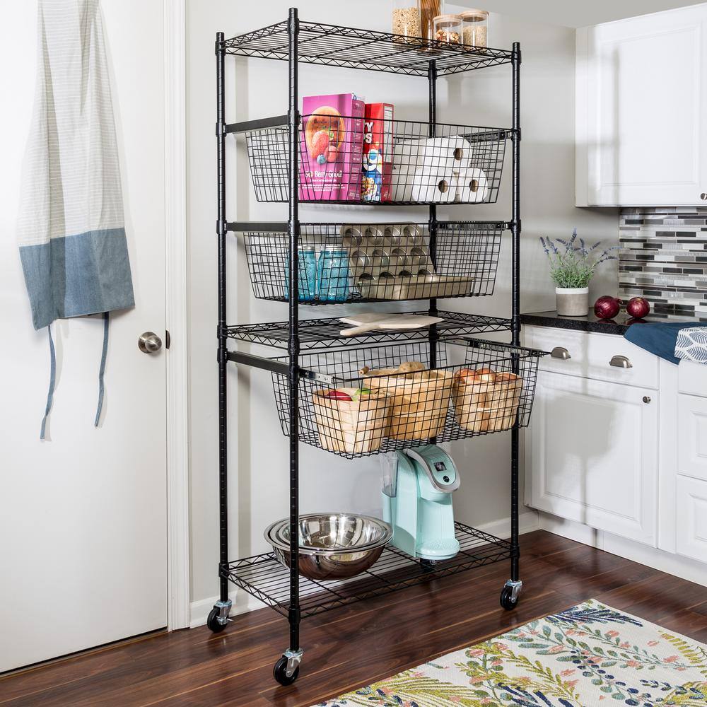 Adjustable Black 3-Shelf Heavy-Duty Storage Rack with Pull-Out Baskets