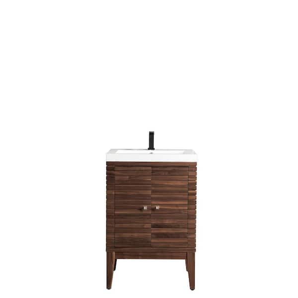 James Martin Vanities Linden 24 in. Single Vanity in Mid Century Walnut with Resin Vanity Top in White Glossy with White Basin