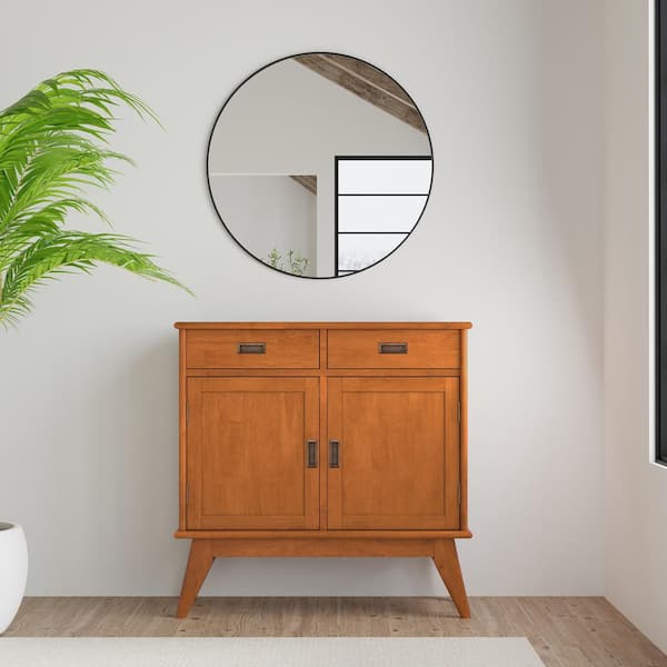 Simpli Home Draper Solid Hardwood 36 in. Wide Mid Century Modern Entryway Storage Cabinet in Teak Brown