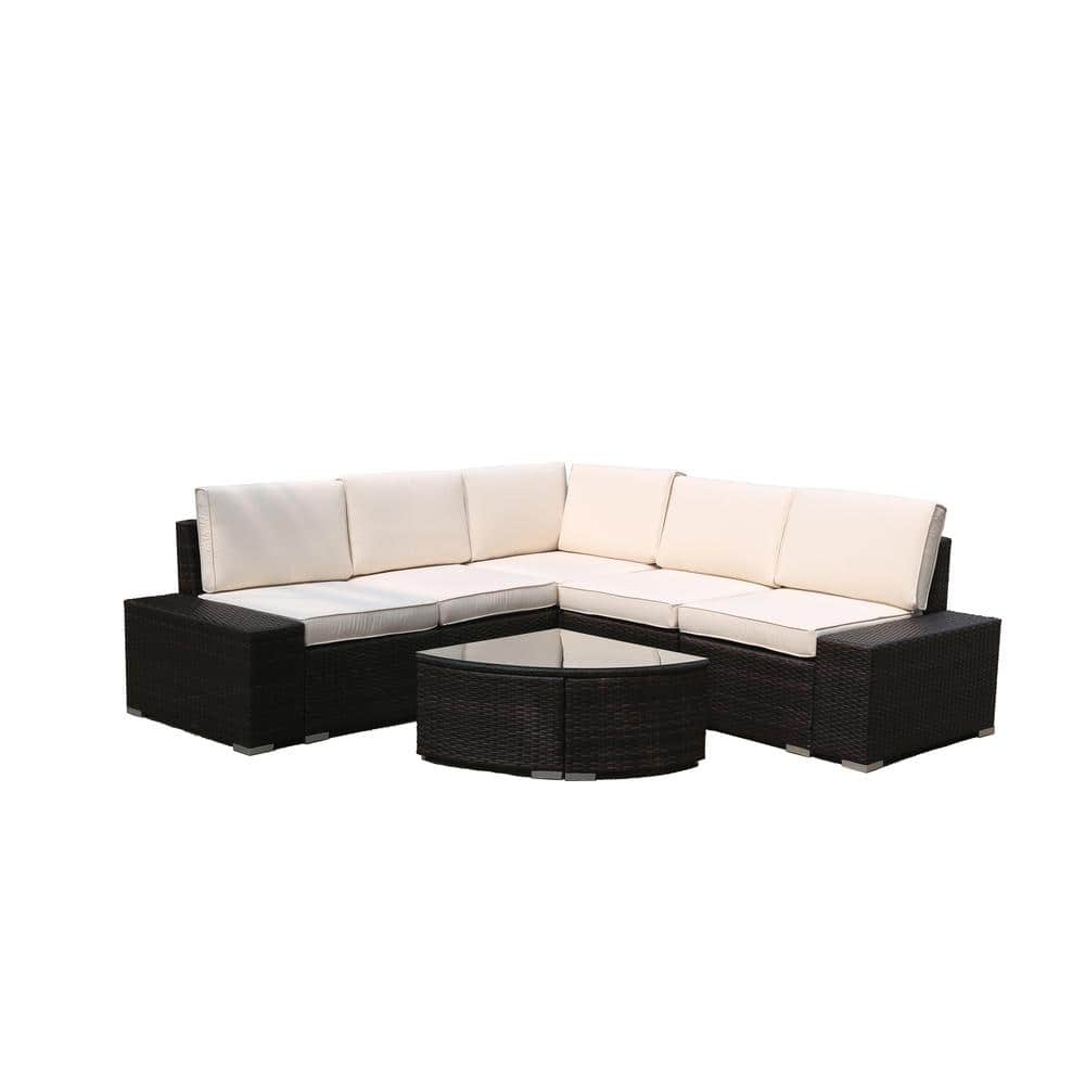 Elegant Brown Wicker Outdoor Sofa Sectional Set with Beige Cushions