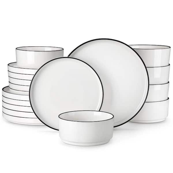 18-Piece White Black Rim Porcelain Dinnerware Set Service for 6 Tableware with Dinner Plates Dessert Plates and Bowls