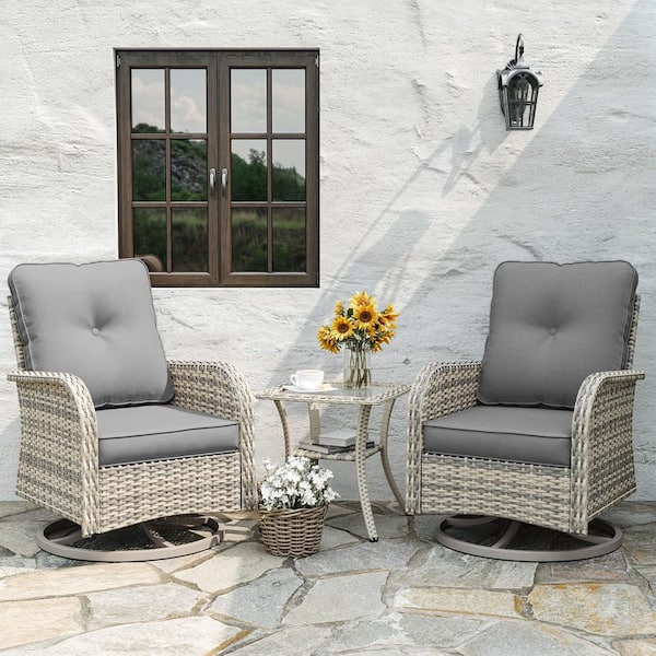 muphyers 3-Piece Wicker Swivel Outdoor Rocking Chair with Cushion Grey (2-Piece Chair and 1-Side Table)