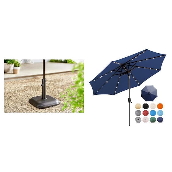 9 ft. Solar Lighted Patio Umbrella with 8-Rib, 32-LED in Navy and 26 lbs. Concrete Umbrella Base in Black
