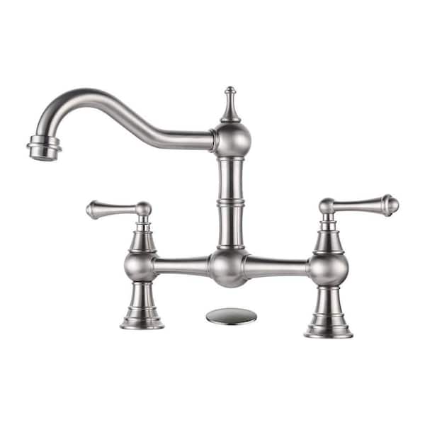 Vintage Double Handle High Arc 2-3 Hole Brass Bridge Kitchen Faucet with Sink Hole Cover in Brushed Nickel