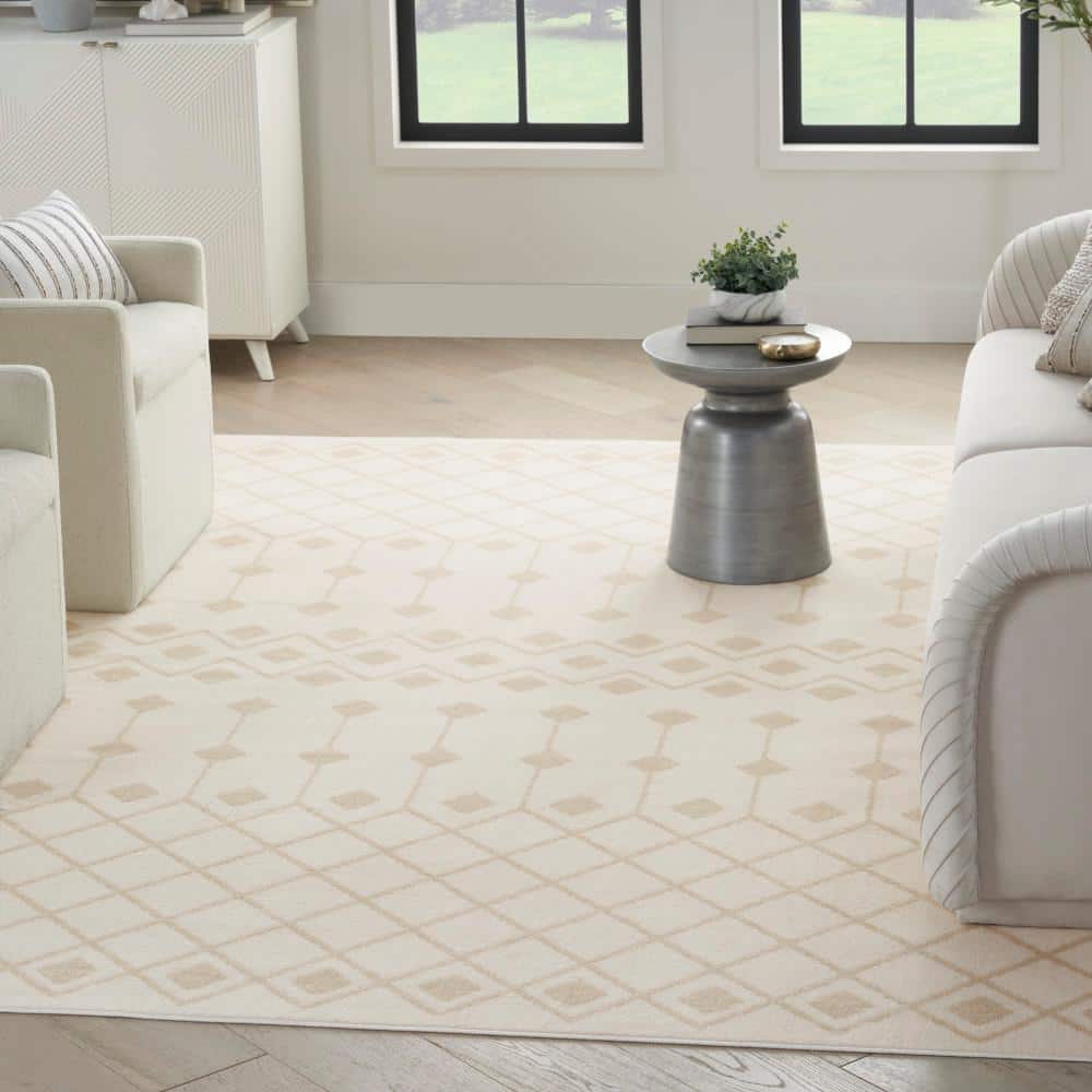 Ivory Beige Geometric Synthetic 5' x 7' Area Rug