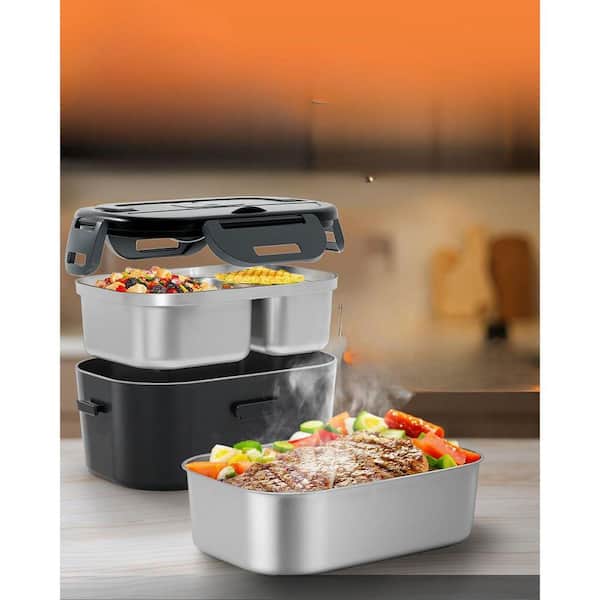 Portable Electric Lunch Box w/ Dual 1.5L Containers, Fast Heating for Office, Car, Travel - Stainless Steel Food Warmer